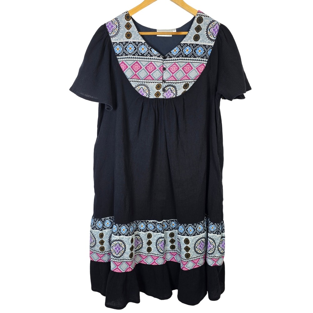 National Black Short Sleeve Maxi Dress Geometric Print‎ V Neck Cotton M